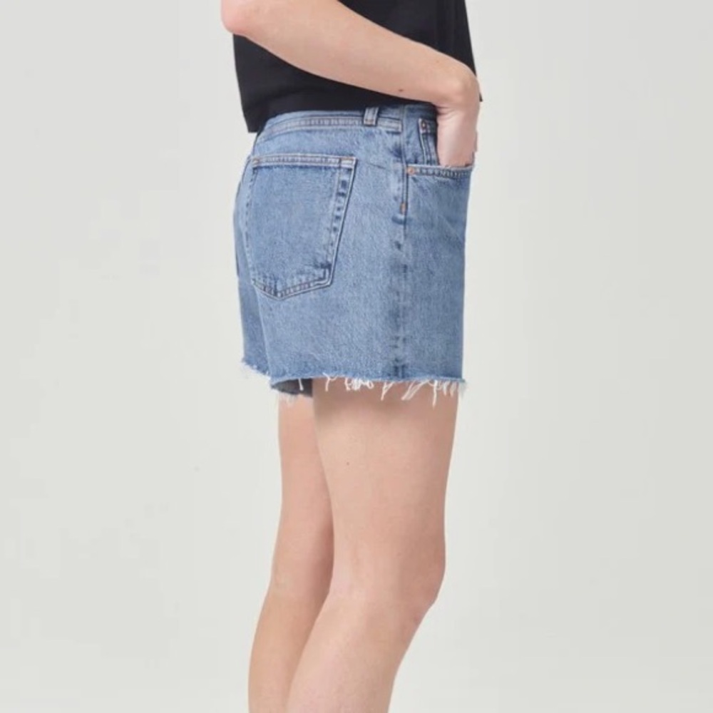Agolde Parker Long Shorts in Skywave Medium Blue Wash Distressed Denim Shorts - Picture 4 of 12